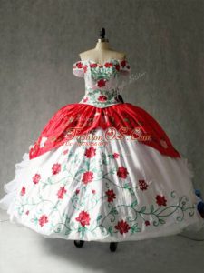 Lovely White And Red Off The Shoulder Neckline Embroidery and Ruffles Sweet 16 Dresses Cap Sleeves Lace Up