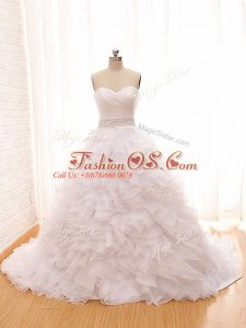 White Ball Gowns Sweetheart Sleeveless Tulle Brush Train Lace Up Beading and Ruffles Wedding Dresses