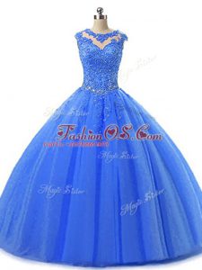 Floor Length Lace Up Quinceanera Dresses Blue for Military Ball and Sweet 16 and Quinceanera with Beading and Lace