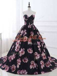 Sweetheart Sleeveless Printed Military Ball Gowns Ruching Brush Train Lace Up