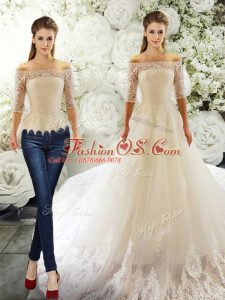 White Two Pieces Off The Shoulder Half Sleeves Tulle Court Train Clasp Handle Lace Wedding Gown