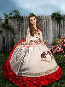 Cheap Brush Train Ball Gowns Little Girls Pageant Dress White And Red Straps Organza and Taffeta Sleeveless Lace Up