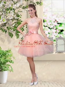 Inexpensive Lace and Belt Wedding Guest Dresses Peach Lace Up Sleeveless Knee Length