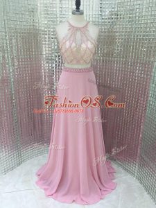 Excellent Pink Chiffon Zipper Sleeveless Evening Outfits Brush Train Beading