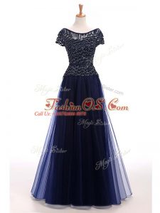 Navy Blue Scoop Lace Up Beading Evening Gowns Short Sleeves