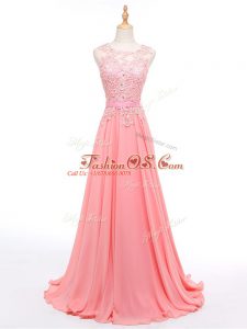 Affordable Watermelon Red Sleeveless Brush Train Beading and Lace Evening Outfits