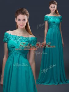 Dynamic Teal Chiffon Lace Up Off The Shoulder Short Sleeves Floor Length Mother Of The Bride Dress Appliques