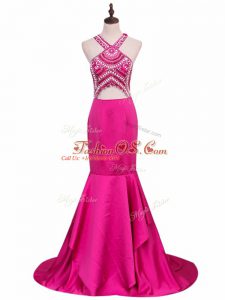 Attractive Hot Pink Mermaid Elastic Woven Satin V-neck Sleeveless Beading Backless Prom Party Dress Brush Train
