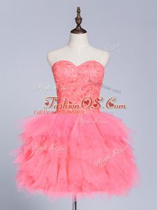 Sleeveless Mini Length Lace and Appliques Lace Up Ball Gown Prom Dress with Watermelon Red