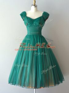 Wonderful Teal V-neck Zipper Ruching Bridesmaid Dresses Cap Sleeves