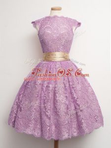 Noble Lilac Ball Gowns Belt Bridesmaid Dresses Lace Up Lace Cap Sleeves Knee Length