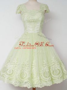 Tulle Cap Sleeves Knee Length Bridesmaid Gown and Lace