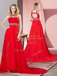 Cute Red Scoop Backless Beading Celebrity Dress Brush Train Sleeveless