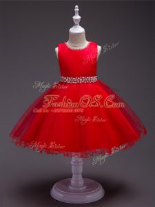 Red Sleeveless Beading Knee Length Girls Pageant Dresses