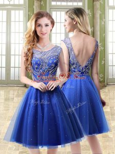 Royal Blue A-line Beading Backless Tulle Sleeveless Mini Length