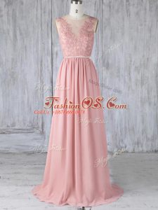 Extravagant Scoop Sleeveless Bridesmaids Dress Sweep Train Appliques Pink Chiffon