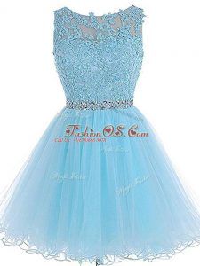 Superior Mini Length Baby Blue Cocktail Dresses Tulle Sleeveless Beading and Lace and Appliques