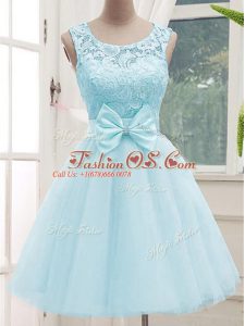 Aqua Blue A-line Scoop Sleeveless Tulle Knee Length Lace Up Lace Quinceanera Court Dresses