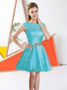 Sleeveless Organza Knee Length Backless Quinceanera Court Dresses in Aqua Blue with Beading and Lace