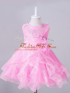 Fashionable Organza Scoop Sleeveless Zipper Beading and Hand Made Flower Little Girl Pageant Dress in Rose Pink