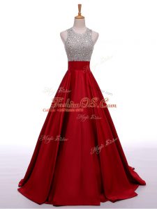 Sleeveless Beading Backless Evening Dress with Wine Red