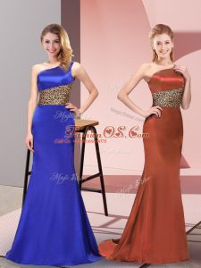 One Shoulder Sleeveless Side Zipper Royal Blue Elastic Woven Satin