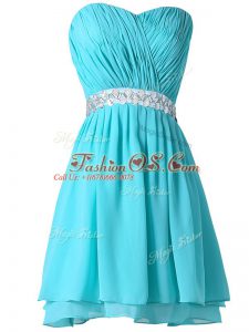 Aqua Blue Prom Homecoming Dress Prom and Party and Sweet 16 with Beading and Ruching Sweetheart Sleeveless Lace Up