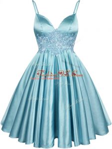 Trendy Spaghetti Straps Sleeveless Wedding Party Dress Knee Length Lace Aqua Blue Elastic Woven Satin