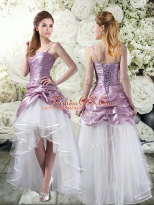 Spaghetti Straps Sleeveless Lace Up Bridal Gown White And Purple Tulle