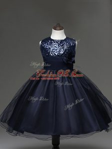 Stunning Navy Blue Zipper Child Pageant Dress Sequins and Hand Made Flower Sleeveless Knee Length