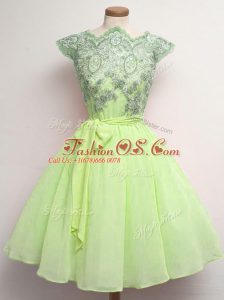 Super Yellow Green Scalloped Neckline Lace and Belt Wedding Party Dress Cap Sleeves Lace Up