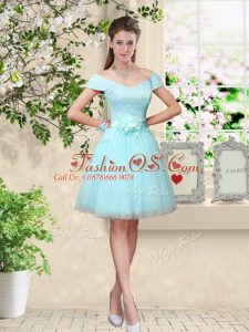 Aqua Blue Tulle Lace Up V-neck Cap Sleeves Knee Length Quinceanera Dama Dress Lace and Belt