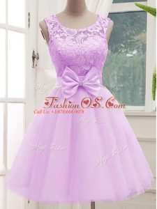 Scoop Sleeveless Wedding Party Dress Knee Length Lace and Bowknot Lilac Tulle