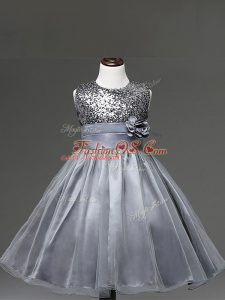 Silver Zipper Pageant Gowns For Girls Sequins and Hand Made Flower Sleeveless Knee Length