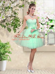 Apple Green Sleeveless Knee Length Lace and Belt Lace Up Wedding Guest Dresses