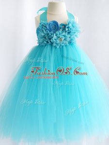 Sleeveless Knee Length Hand Made Flower Side Zipper Little Girls Pageant Dress with Aqua Blue