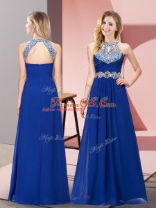 Halter Top Sleeveless Prom Dress Floor Length Beading and Ruching Blue Chiffon