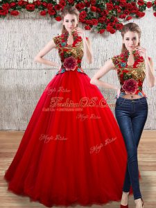 Delicate Floor Length Red Ball Gown Prom Dress High-neck Sleeveless Lace Up