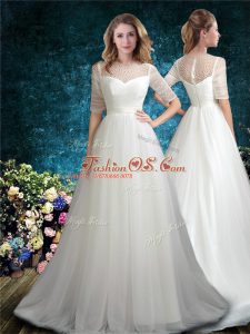 Beading Wedding Dresses White Zipper Half Sleeves Brush Train
