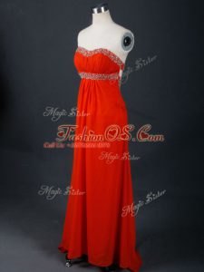 Exceptional Coral Red Chiffon Backless Strapless Sleeveless Floor Length Homecoming Gowns Beading