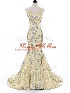 Custom Designed Gold Mermaid Sequined Straps Sleeveless Sequins Backless Evening Dress Brush Train