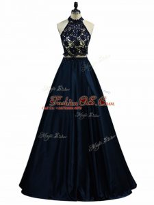 Flirting Floor Length Two Pieces Sleeveless Navy Blue Homecoming Gowns Zipper