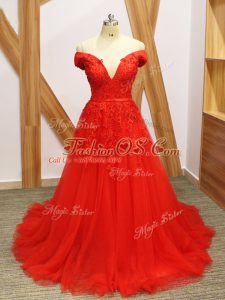 Nice Coral Red Off The Shoulder Lace Up Lace and Appliques Evening Dress Brush Train Sleeveless