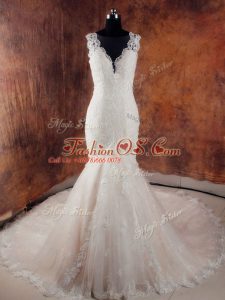 Elegant Side Zipper Wedding Gowns White for Wedding Party with Beading and Lace Court Train