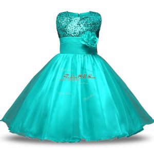 Knee Length Turquoise Toddler Flower Girl Dress Scoop Sleeveless Zipper