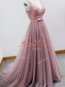 Trendy Pink A-line Tulle V-neck Sleeveless Beading and Belt Zipper Quinceanera Court Dresses Brush Train