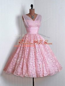 Super Lace Bridesmaids Dress Baby Pink Lace Up Sleeveless Mini Length