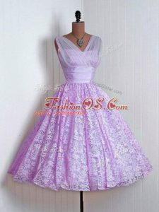 Best A-line Bridesmaid Dress Lilac V-neck Lace Sleeveless Mini Length Lace Up