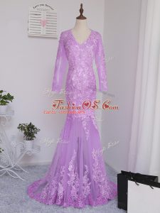 Extravagant Lilac Tulle Side Zipper Mother Of The Bride Dress Long Sleeves Brush Train Lace and Appliques