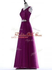 Designer V-neck Sleeveless Dress for Prom Floor Length Beading and Lace Purple Tulle